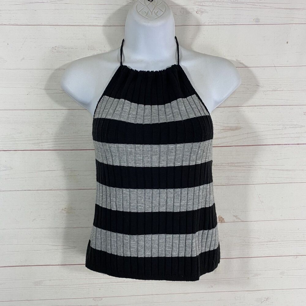 Vtg No Boundaries Halter Neck Knit Tank Top Juniors Lg Black/Gray Stripe Stretch